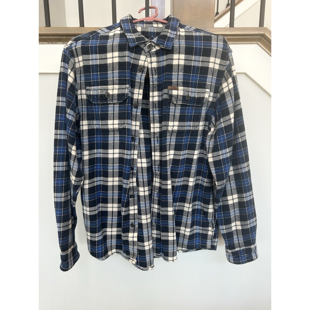 Orvis Mens Heavyweight Flannel Shirt Jacket Shacket Navy Blue Plaid Button Down